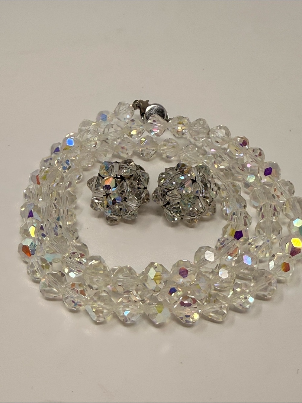 AB Vintage Crystal Bead Necklace and Clip-On Earrings Set